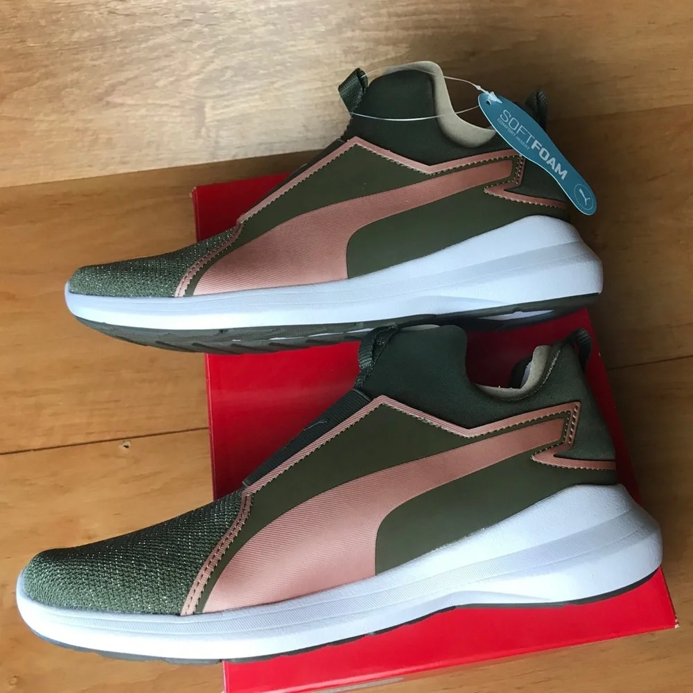 PUMA Rebel Mid Gleam Jr Olive Night Rose Gold 6.5C Slip On